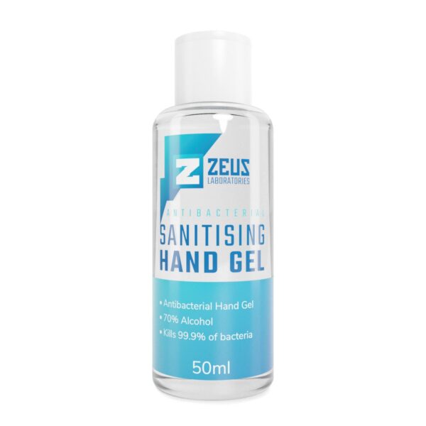 A 50ml bottle of Sanitising Hand Gel from Zeus Laboratories on a white background.